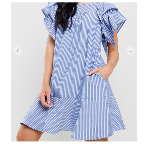 08 Stripe Pattern Ruffled Sleeve Dress - Picture 3 of 4